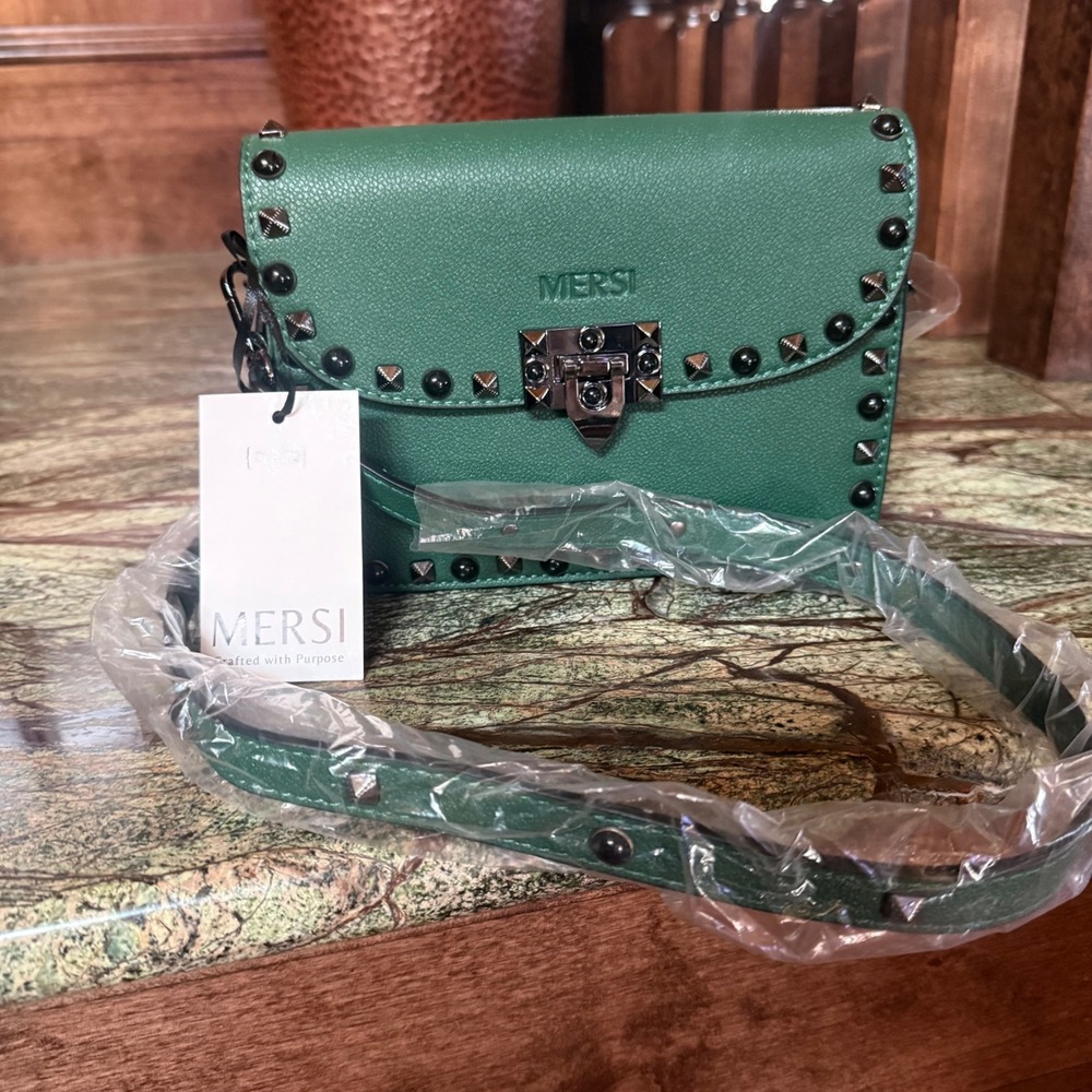 MERSI Alicia Emerald Green Studded Vegan Leather Crossbody Bag with Guitar Strap